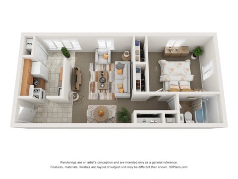 Floor plan for 1 bed, 1 bath, 750 sqft